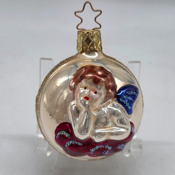 Inge Glas Angel on Ball German Glass Christmas Ornament 2.5" - Picture 1 of 6